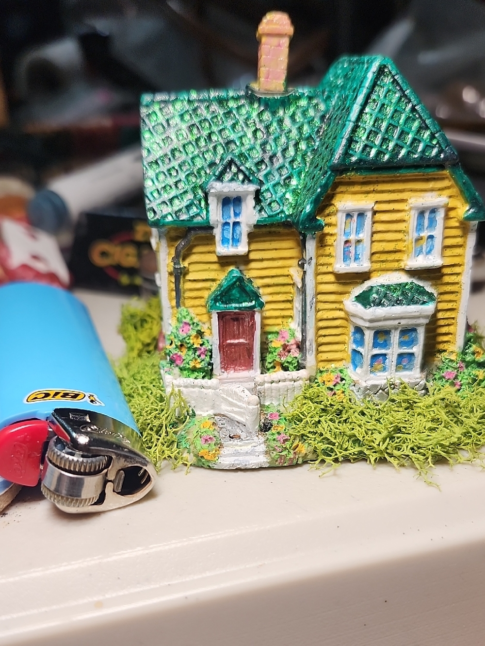 Hand-Painted Yellow Miniature Cottage with Green Roof - Home Accents
